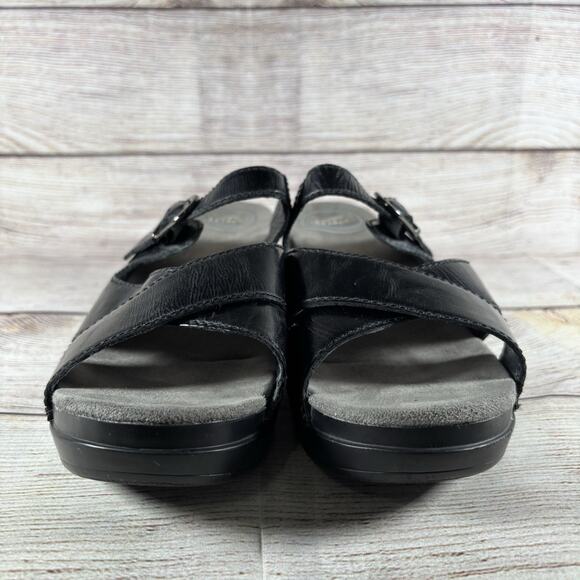 Dansko Womens 38 7.5-8 Sandals Sela Black Patent Leather Slide Wedge Open Toe - Picture 2 of 8